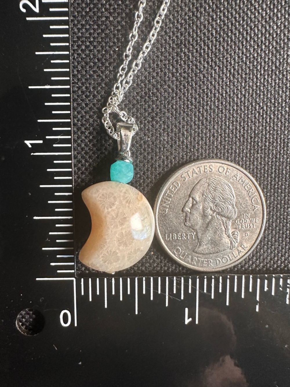 Small Coral Fossil Crescent Moon Charm Pendant Necklace, Amazonite and Silver - Picture 12 of 13